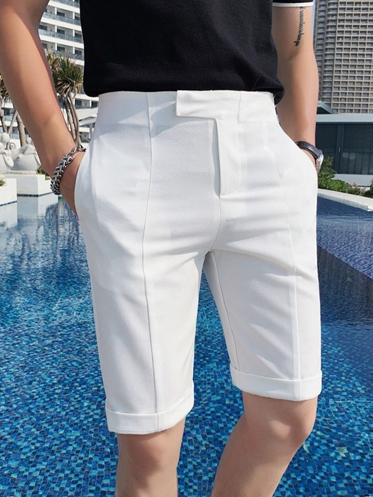 Shorts Casuais Masculinos Com Bolso Reto Liso Com Zíper Cintura Média