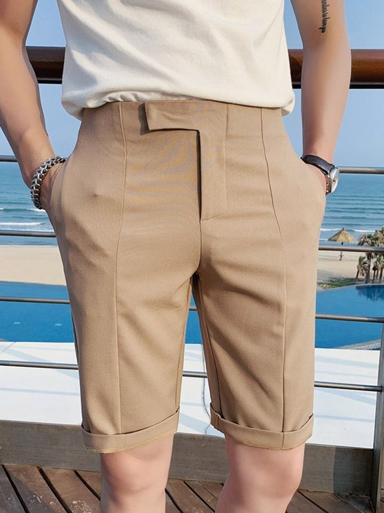 Shorts Casuais Masculinos Com Bolso Reto Liso Com Zíper Cintura Média