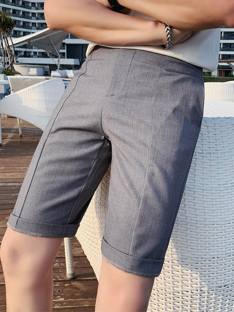 Shorts Casuais Masculinos Com Bolso Reto Liso Com Zíper Cintura Média