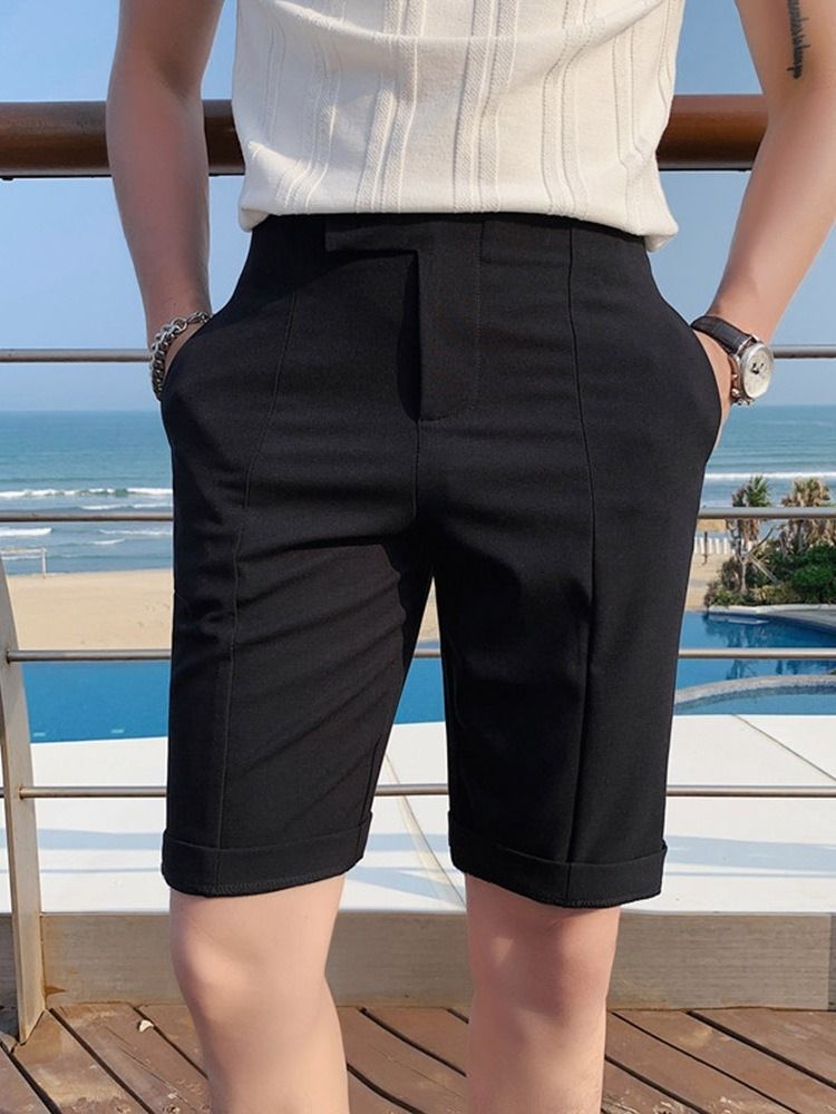 Shorts Casuais Masculinos Com Bolso Reto Liso Com Zíper Cintura Média