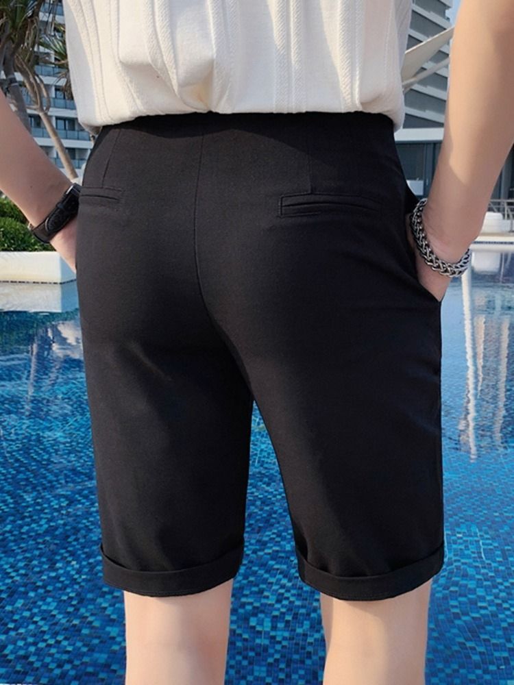 Shorts Casuais Masculinos Com Bolso Reto Liso Com Zíper Cintura Média