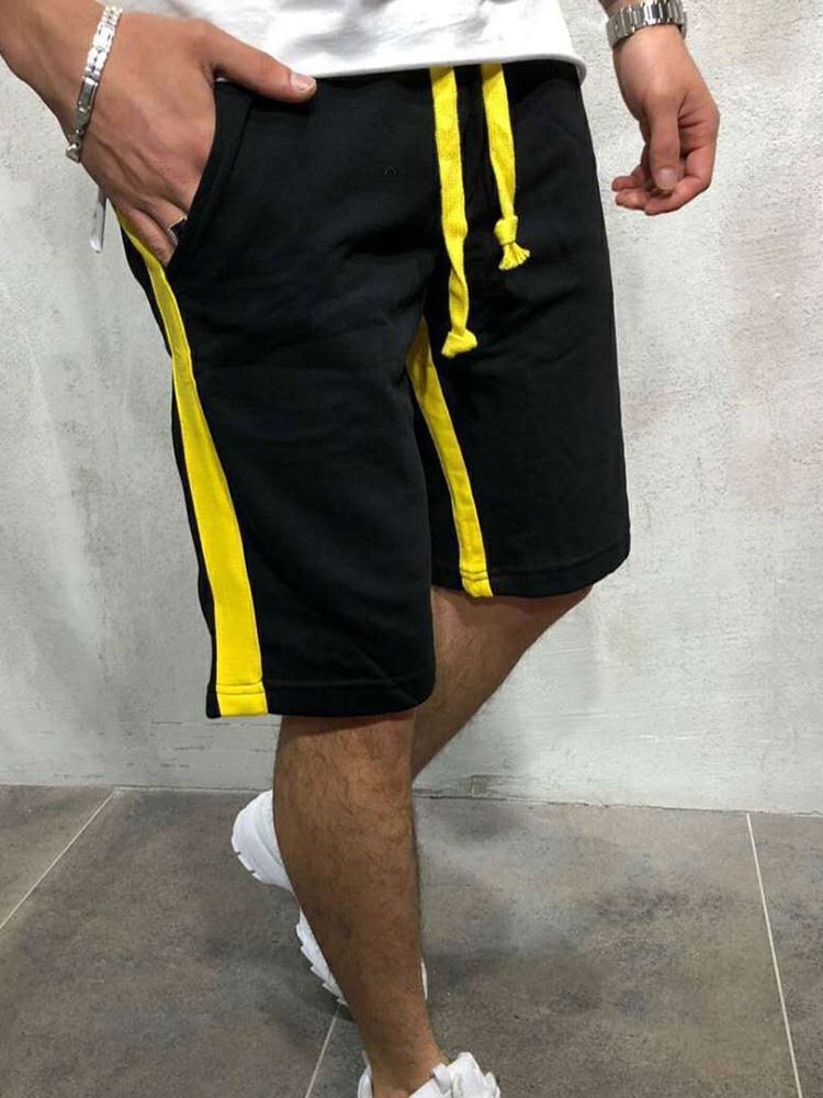 Shorts Casuais Masculinos Com Cordão E Listra Reta Cintura Média