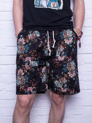 Shorts Casuais Masculinos Florais Retos Com Cordões