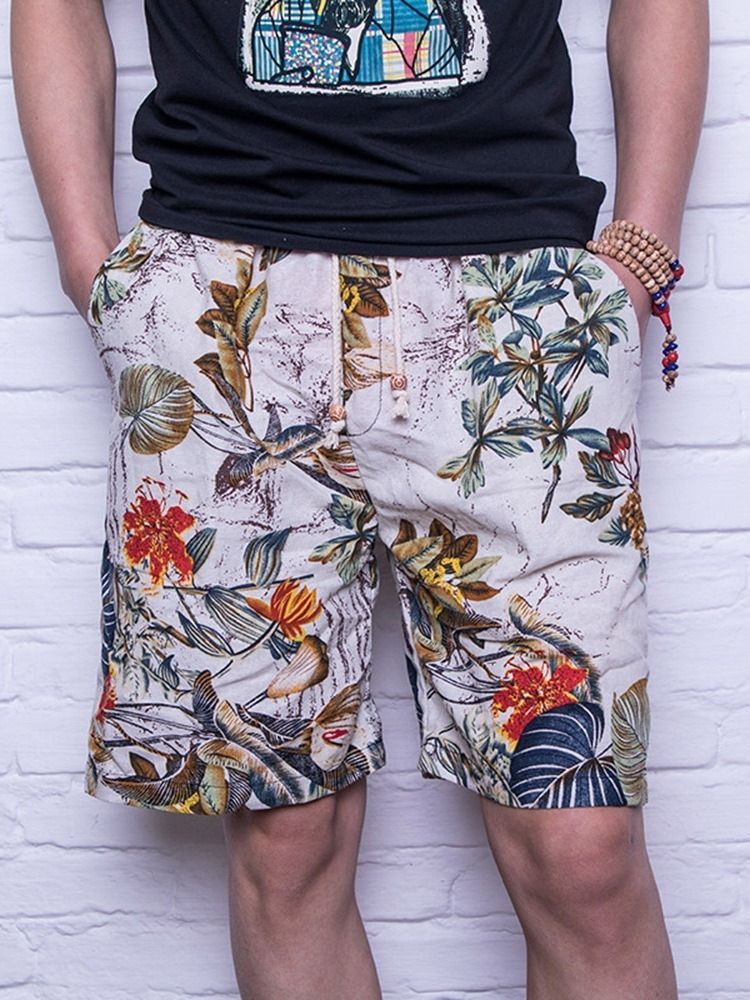 Shorts Casuais Masculinos Florais Retos Com Cordões