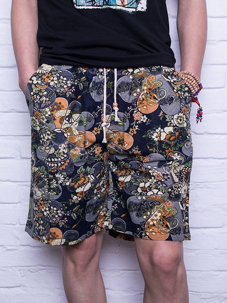 Shorts Casuais Masculinos Florais Retos Com Cordões