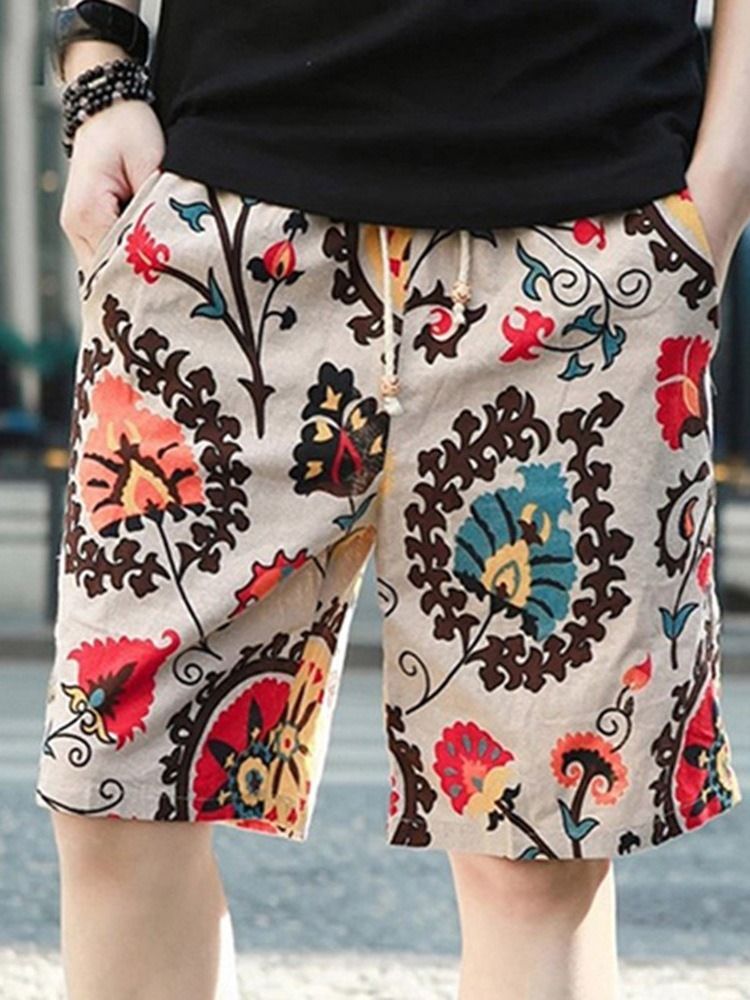 Shorts Casuais Masculinos Florais Retos Com Cordões