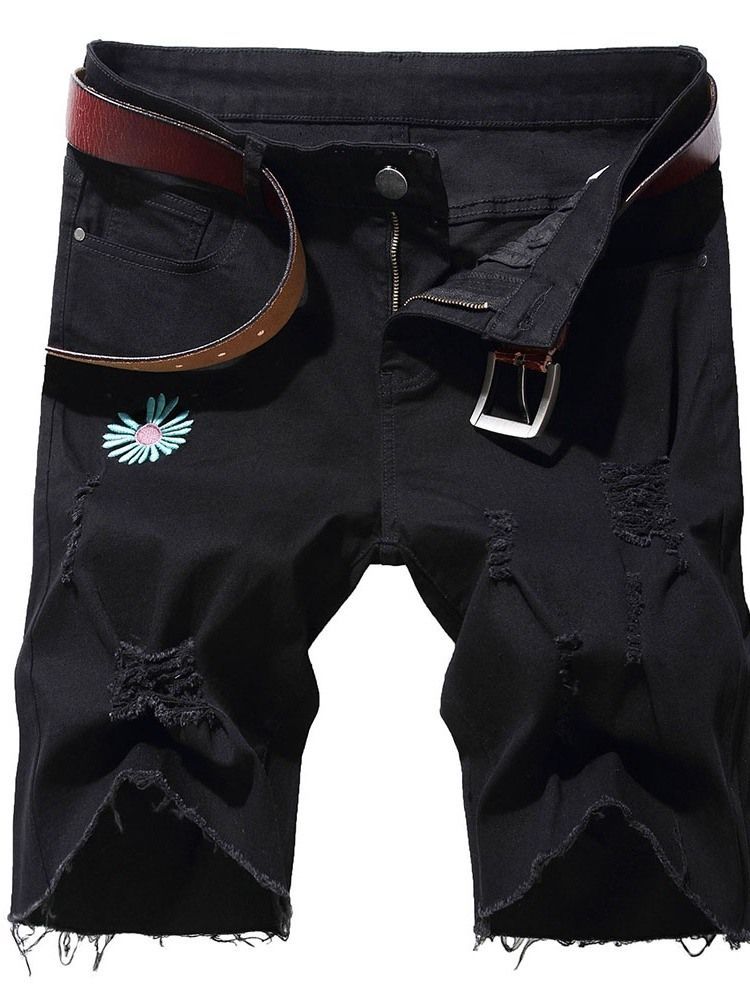 Shorts Jeans Masculinos Com Bordado Reto Floral Cintura Média Com Zíper