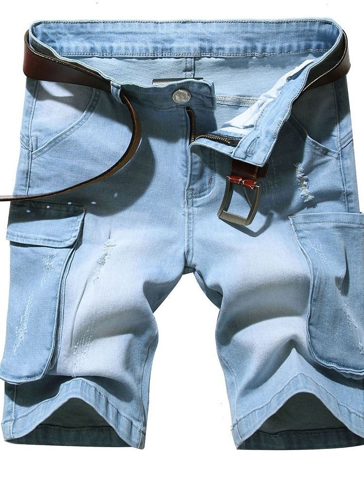 Shorts Jeans Masculinos Com Zíper De Cintura Média