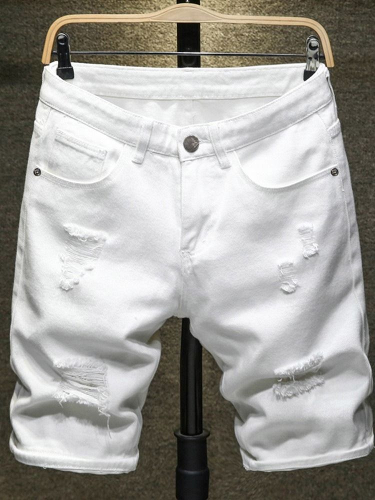 Shorts Jeans Masculinos Europeus Com Zíper Liso De Botão Reto