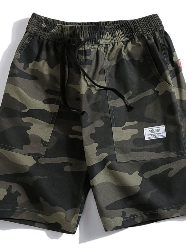 Shorts Masculinos Camuflados Em Linha Reta Casual Com Cordões