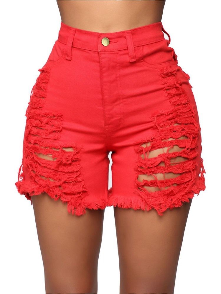 Shorts Slim Feminino Jeans Liso Rasgado De Cintura Alta