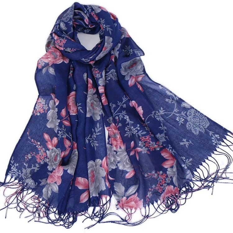 Lenço Floral Feminino De Algodão Com Borla