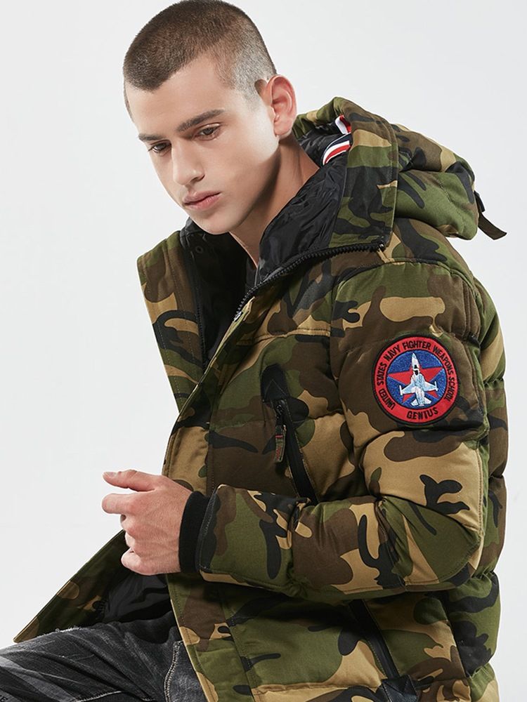 Camuflagem Zíper Algodão Casaco Casual Slim Masculino