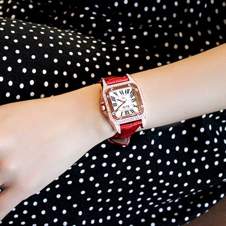 Square Diamante Pu Mulheres Watch