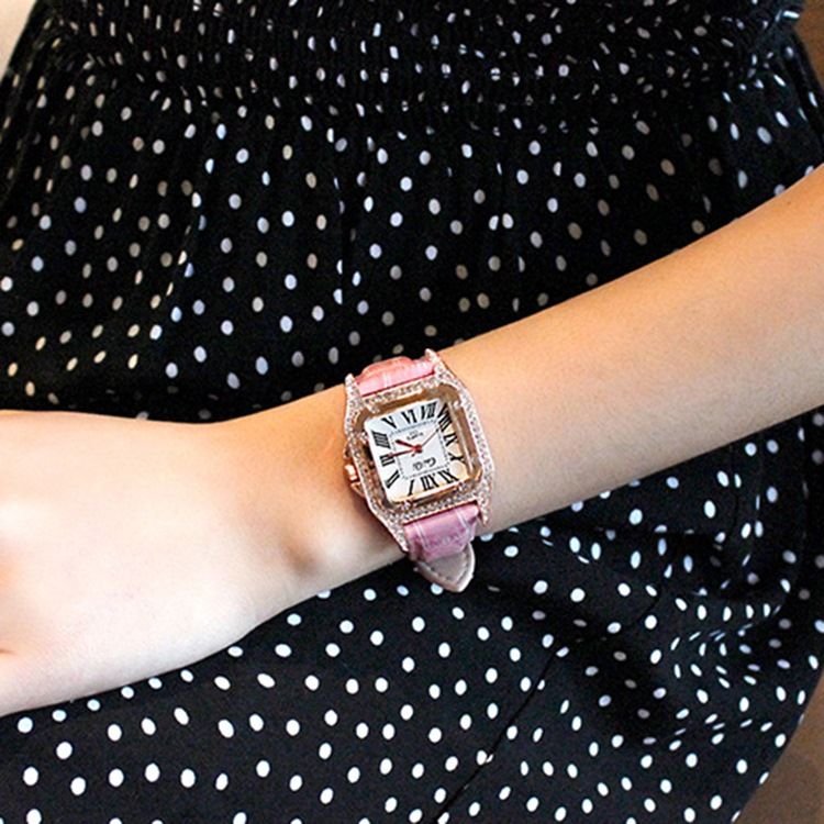 Square Diamante Pu Mulheres Watch