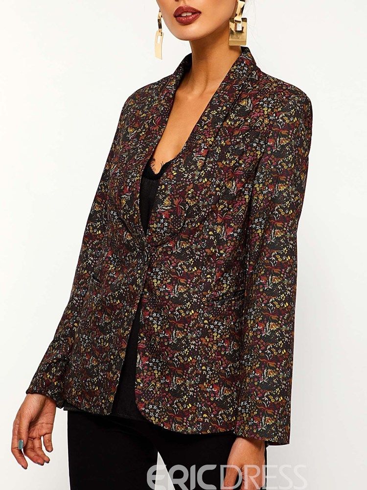 Blazer Casual Feminino Com Colarinho Xale Floral E Outono