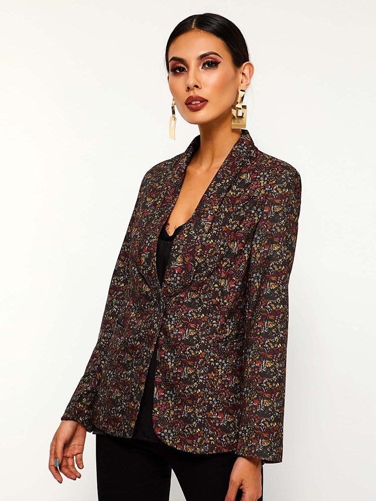 Blazer Casual Feminino Com Colarinho Xale Floral E Outono