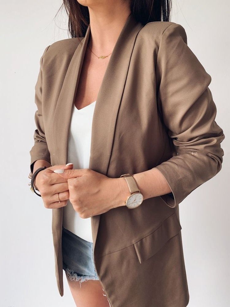 Blazer Casual Feminino De Manga Três Quartos Liso Comprimento Médio