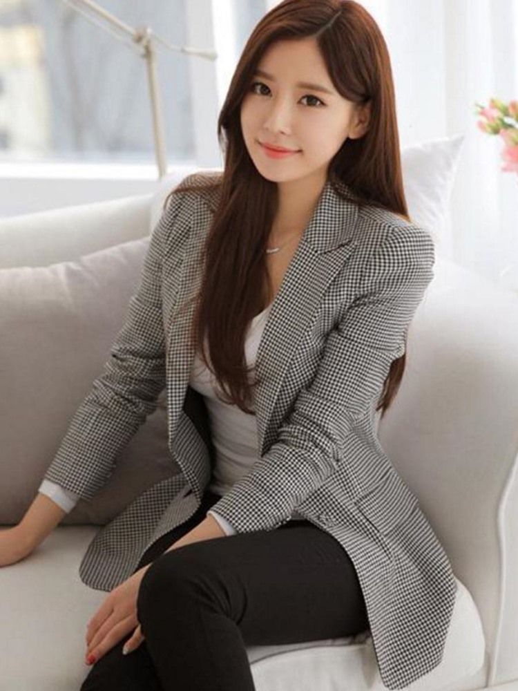 Blazer Houndstooth Feminino Blazer Feminino Slim Houndstooth One Button