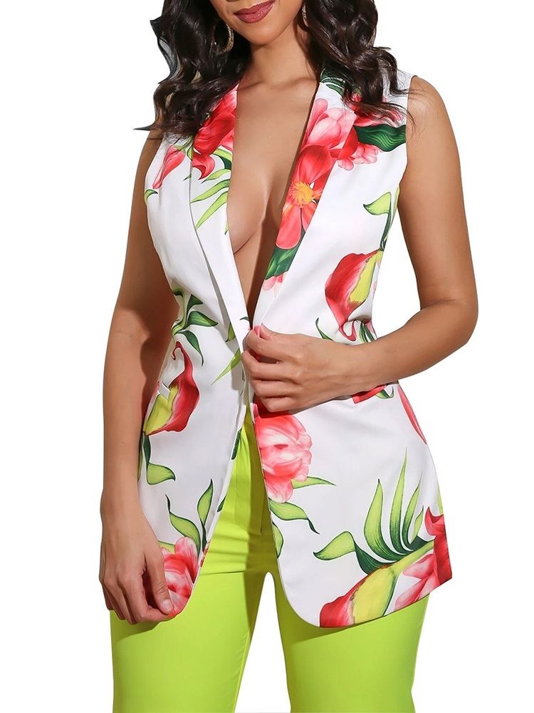 Lapela Feminina Com Lapela Escondida Botão Floral De Comprimento Médio E Blazer Casual