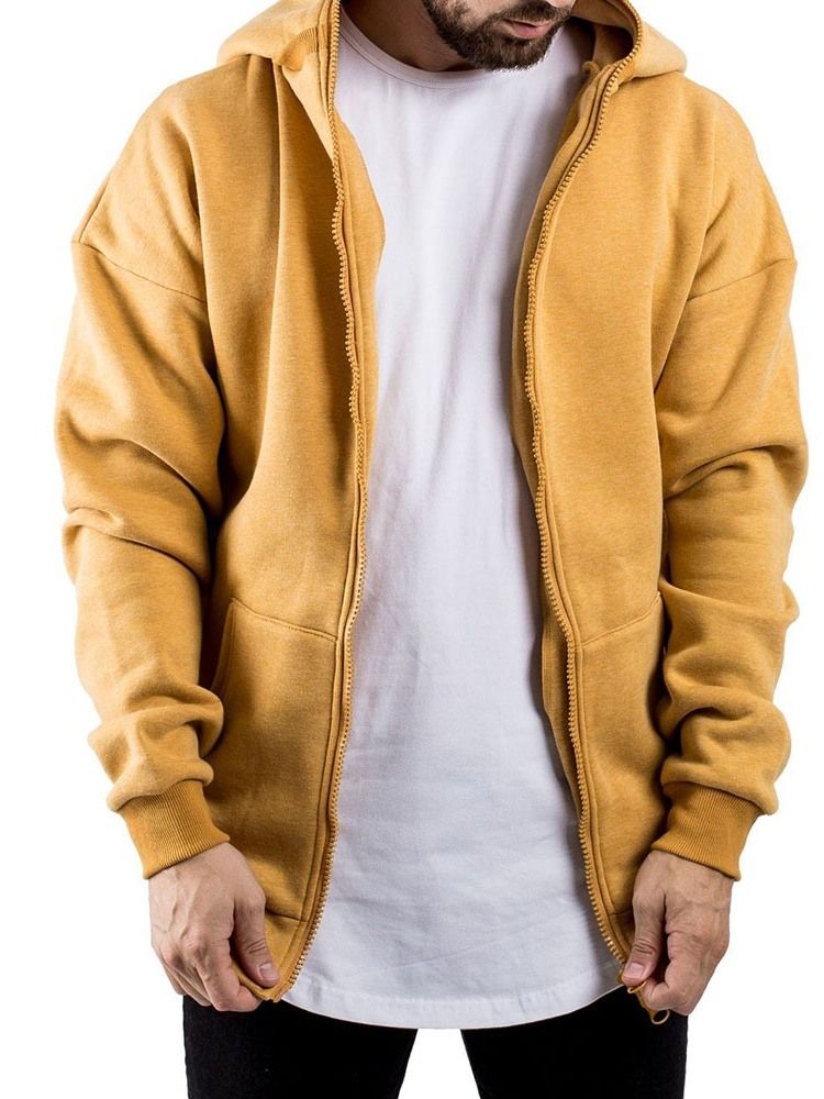 Cardigan Cor Lisa Com Zíper Estilo Solto Hoodies Masculinos