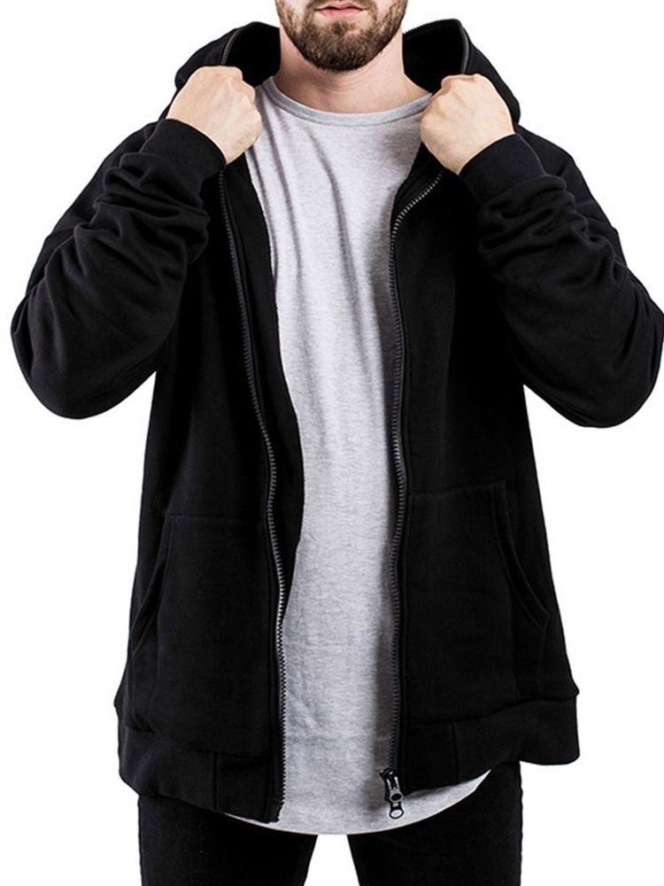 Cardigan Cor Lisa Com Zíper Estilo Solto Hoodies Masculinos