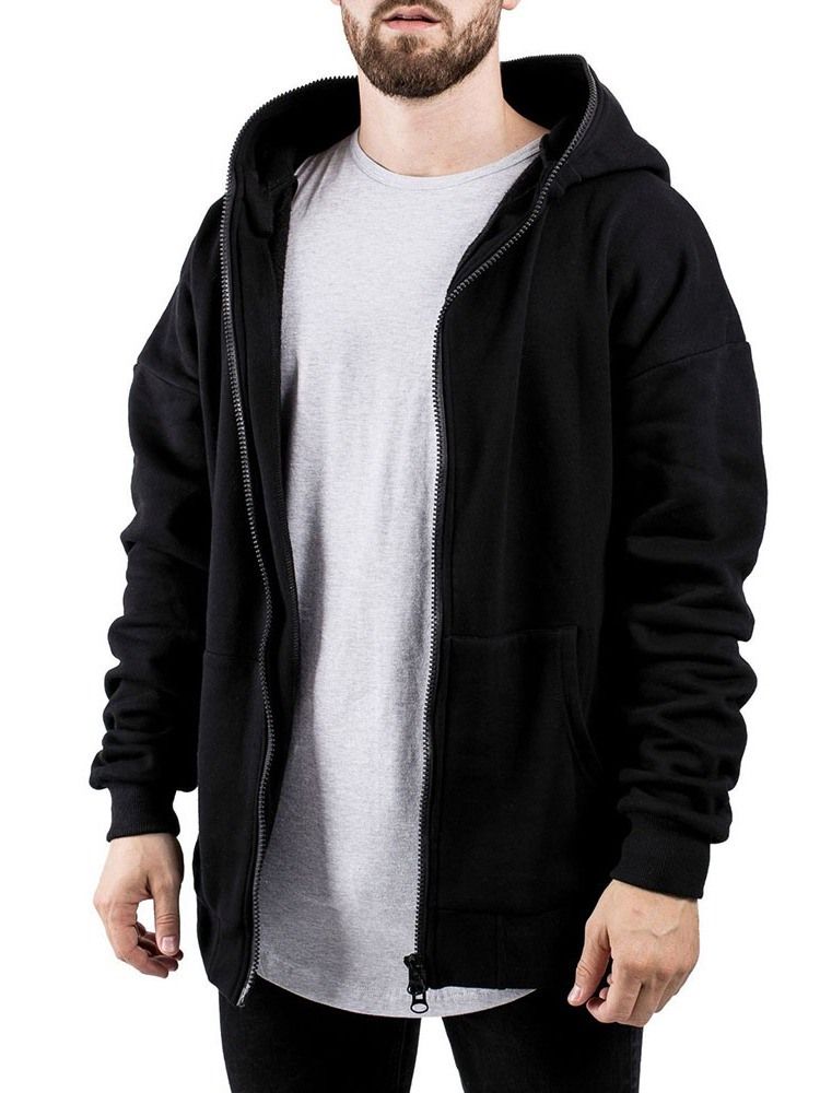 Cardigan Cor Lisa Com Zíper Estilo Solto Hoodies Masculinos