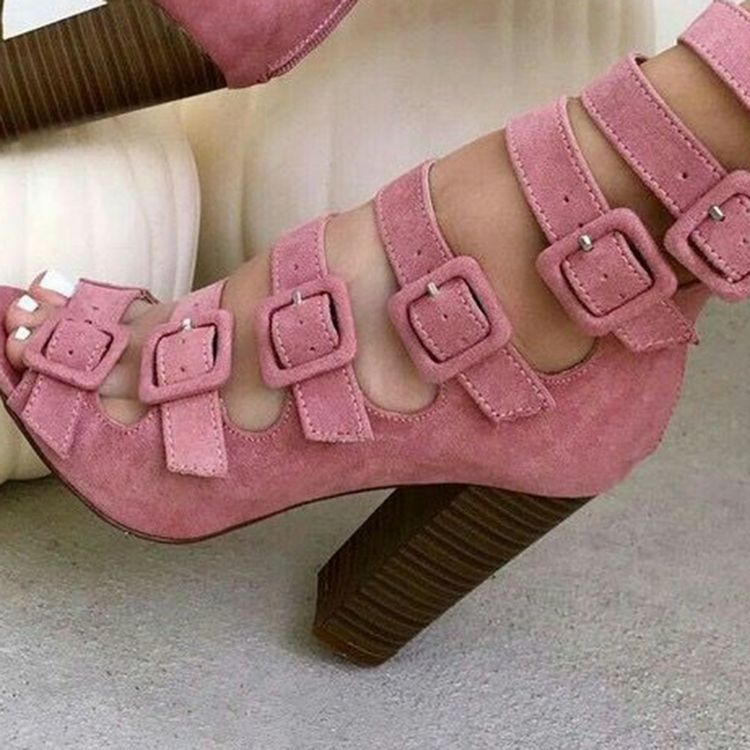 Botas Peep Toe Redondas Femininas Com Fivela Rosa