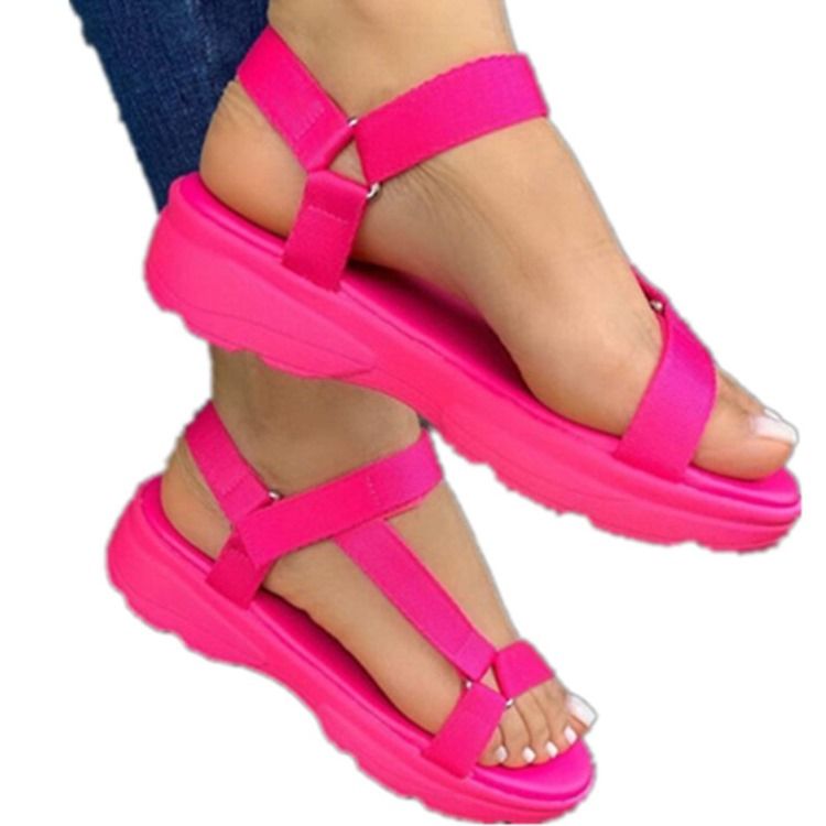 Feminino Velcro Aberto Toe Flat Com Sandálias Cor Candy