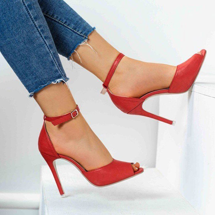 Peep Toe Salto Agulha Com Fivela Simples Sapatos Finos Femininos