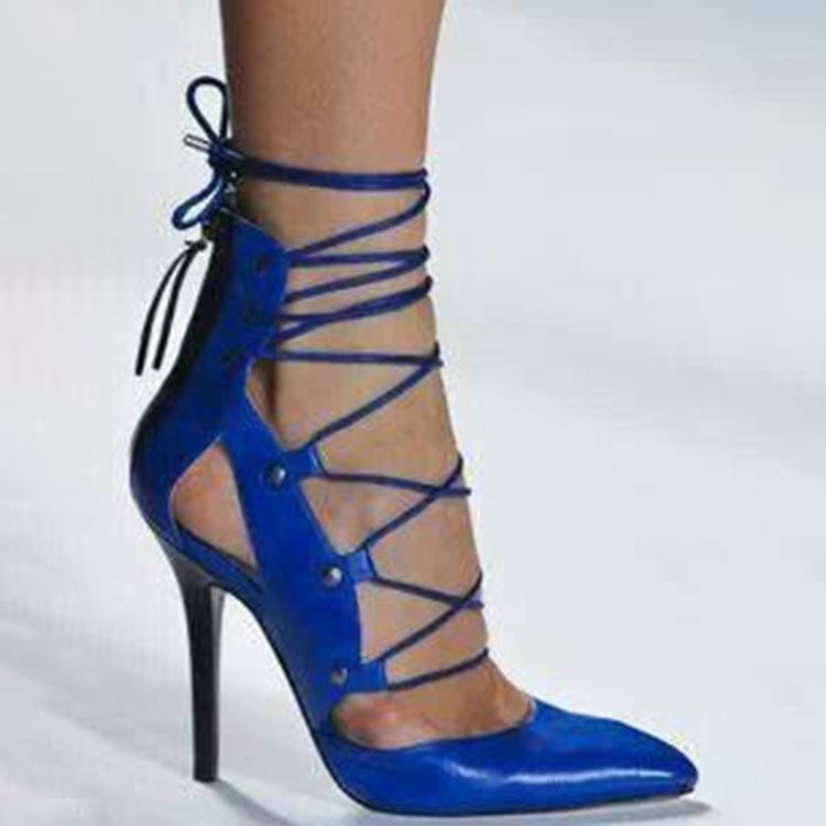 Salto Agulha Feminino Azul Royal Lace Up