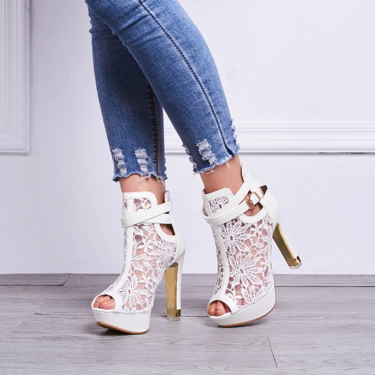 Sandálias Com Plataforma De Salto Alto Branco Com Detalhes Em Renda Feminina Peep Toe