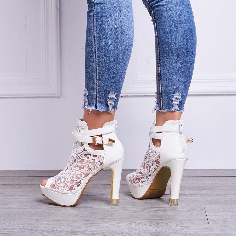 Sandálias Com Plataforma De Salto Alto Branco Com Detalhes Em Renda Feminina Peep Toe