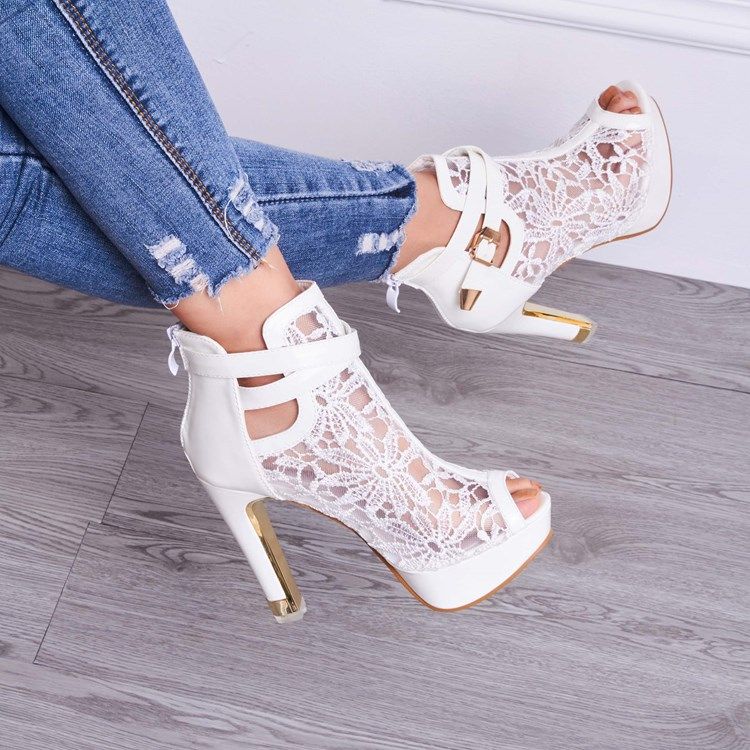 Sandálias Com Plataforma De Salto Alto Branco Com Detalhes Em Renda Feminina Peep Toe