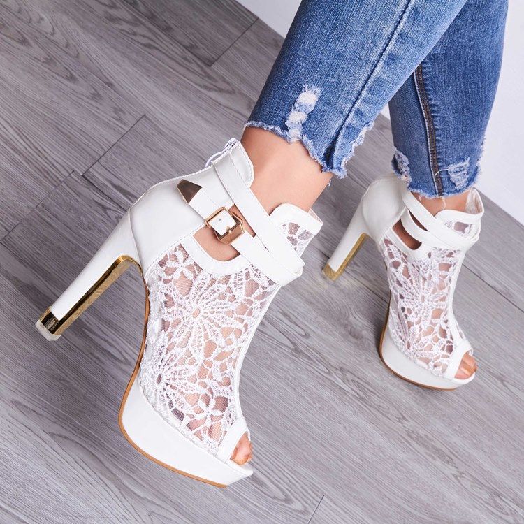 Sandálias Com Plataforma De Salto Alto Branco Com Detalhes Em Renda Feminina Peep Toe