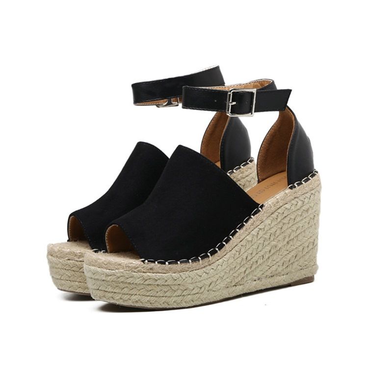 Sandálias Femininas Com Fivela Peep Toe Com Plataforma Espadrille Em Cunha