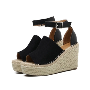 Sandálias Femininas Com Fivela Peep Toe Com Plataforma Espadrille Em Cunha