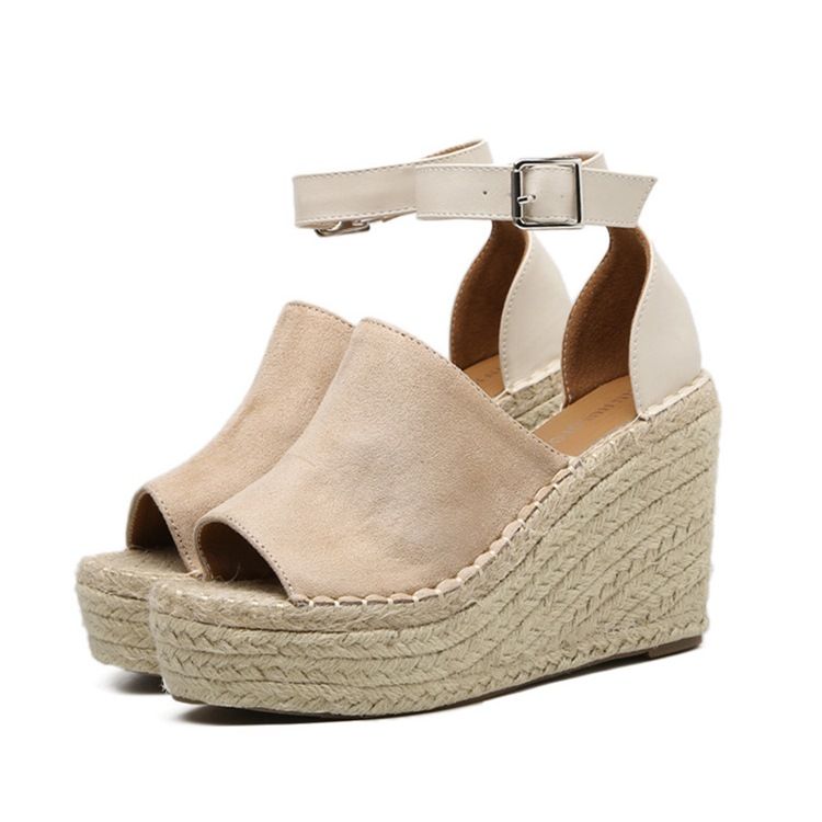 Sandálias Femininas Com Fivela Peep Toe Com Plataforma Espadrille Em Cunha