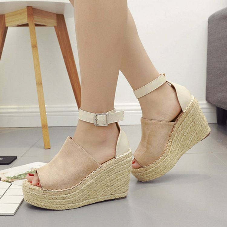 Sandálias Femininas Com Fivela Peep Toe Com Plataforma Espadrille Em Cunha