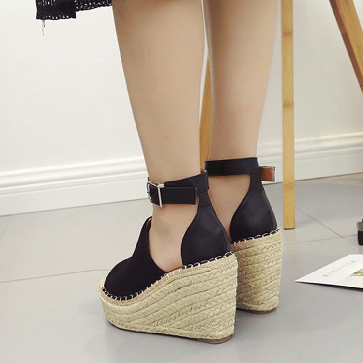 Sandálias Femininas Com Fivela Peep Toe Com Plataforma Espadrille Em Cunha