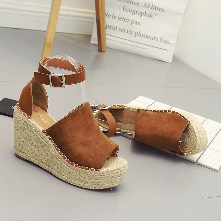 Sandálias Femininas Com Fivela Peep Toe Com Plataforma Espadrille Em Cunha