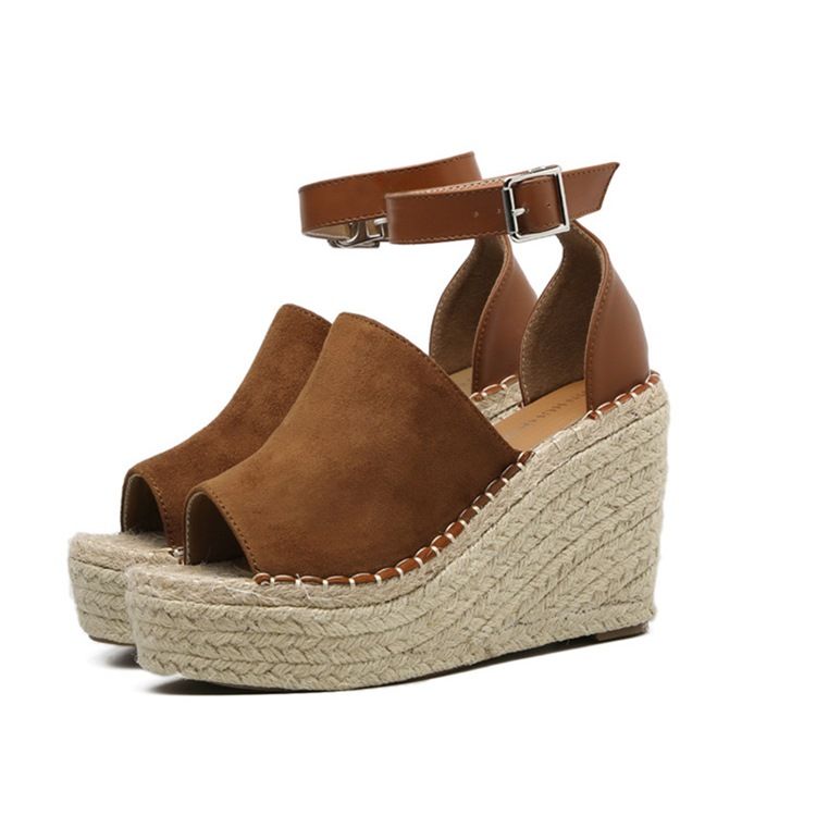 Sandálias Femininas Com Fivela Peep Toe Com Plataforma Espadrille Em Cunha