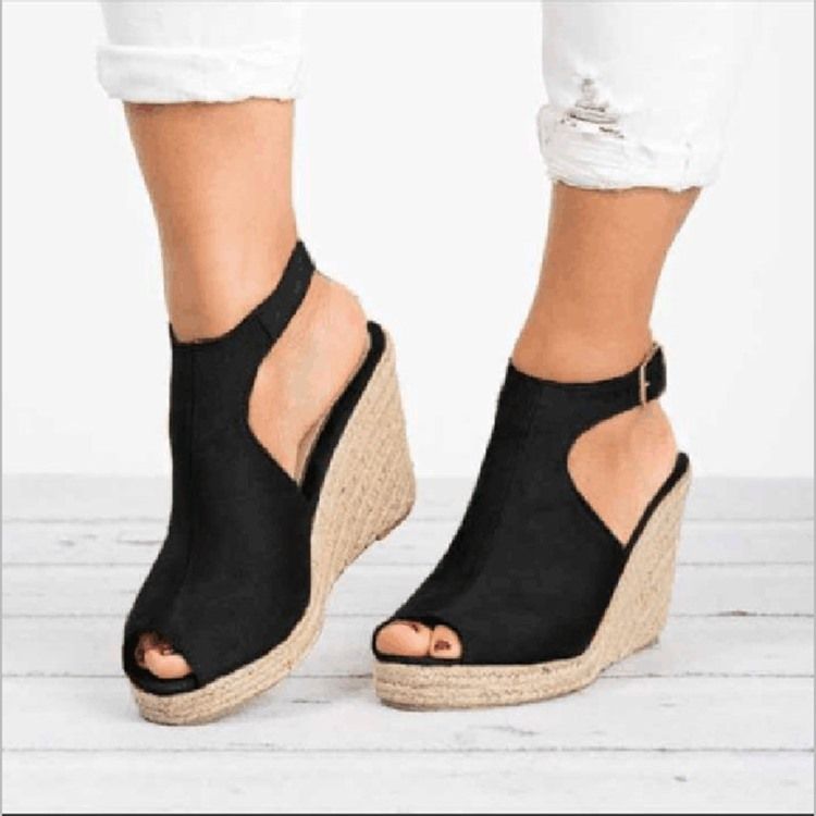 Sandálias Femininas Peep Toe Fivela De Salto Em Cunha Pu