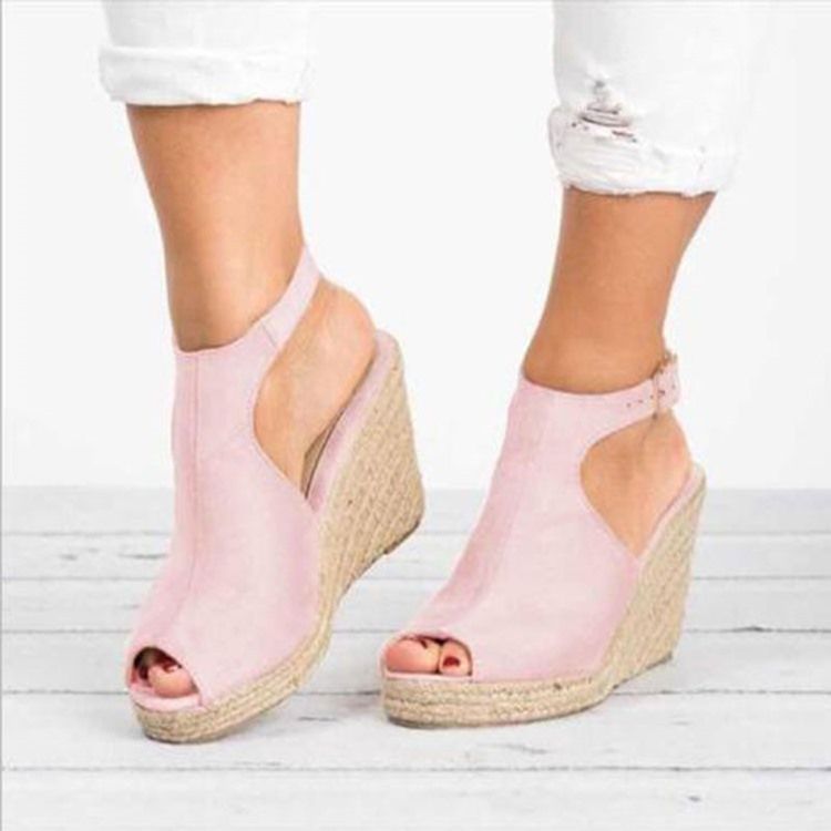 Sandálias Femininas Peep Toe Fivela De Salto Em Cunha Pu