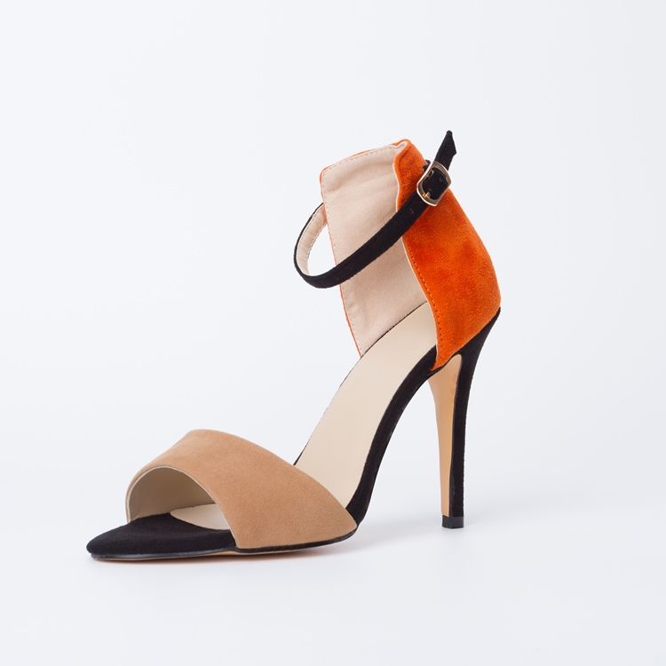 Sandálias Femininas Tipo Sling Back Patchwork Laranja Stilettos