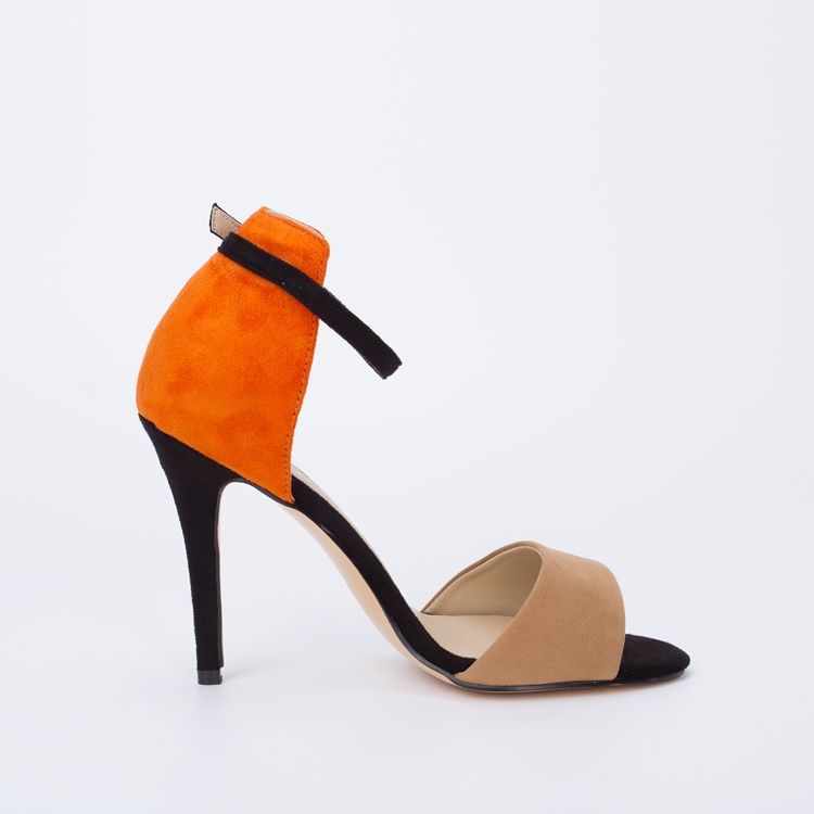 Sandálias Femininas Tipo Sling Back Patchwork Laranja Stilettos