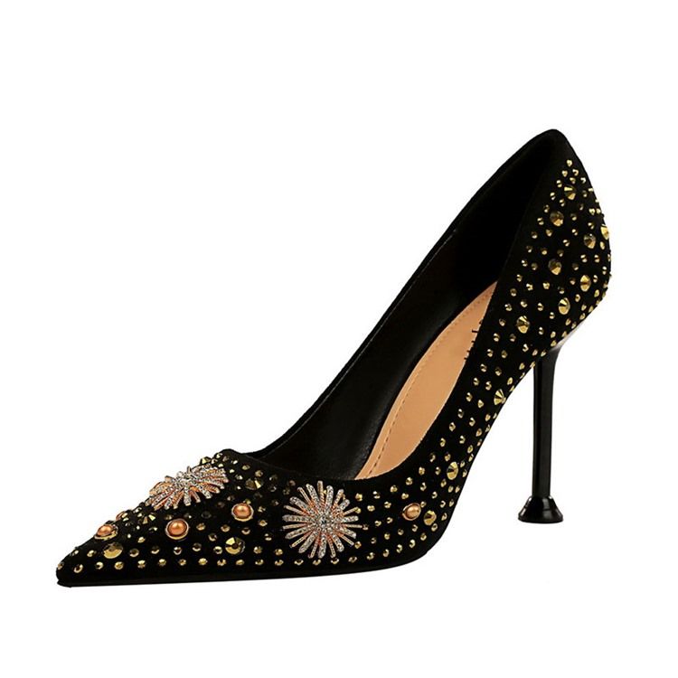 Sapatos Femininos De Salto Agulha Com Ponta Fina E Strass Simples E Finos