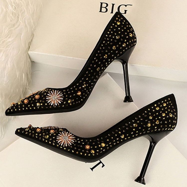 Sapatos Femininos De Salto Agulha Com Ponta Fina E Strass Simples E Finos