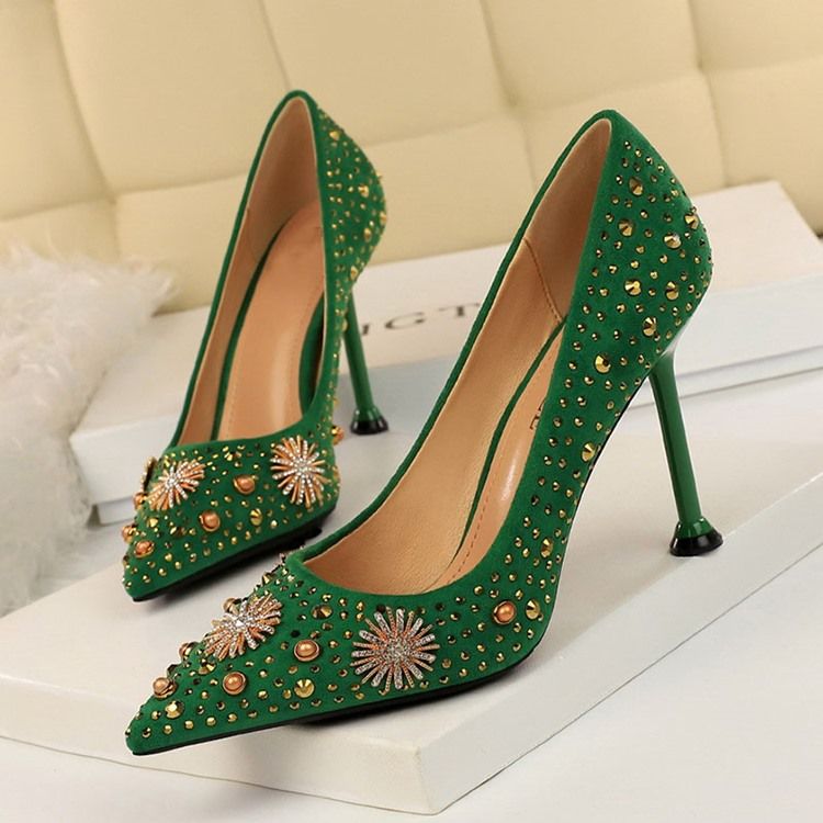 Sapatos Femininos De Salto Agulha Com Ponta Fina E Strass Simples E Finos