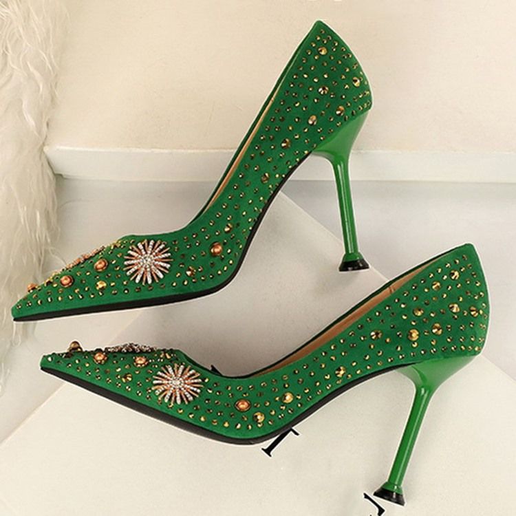 Sapatos Femininos De Salto Agulha Com Ponta Fina E Strass Simples E Finos